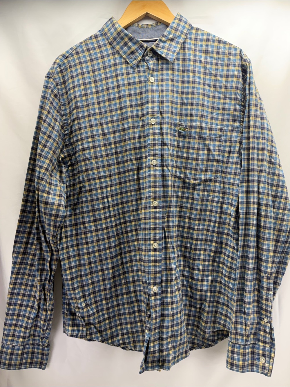 Lacoste Men’s Blue and Yellow Plaid Button-Down Shirt